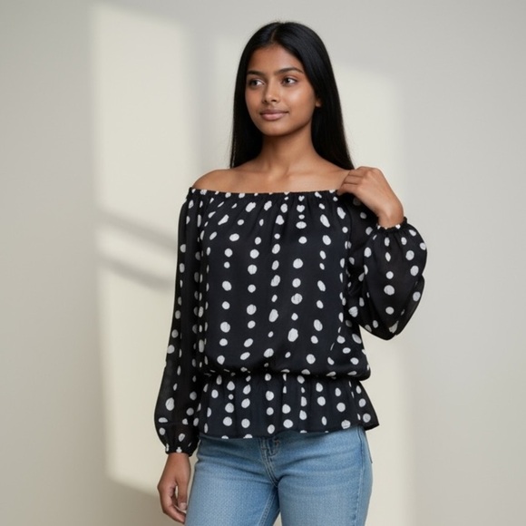 Vince Camuto Tops - Vince Camuto blouse large. Black with white polka dots. Elastic drop waist